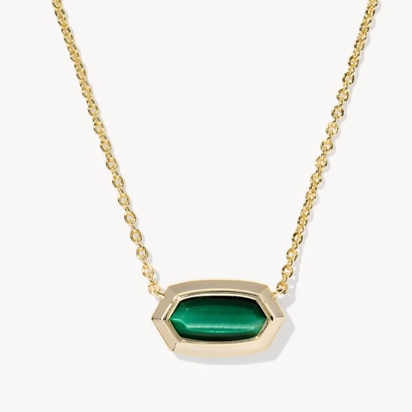 Kendra Scott Elisa Bezel Gold Short Pendant Necklace in Green Tiger's Eye - Picture 1 of 6